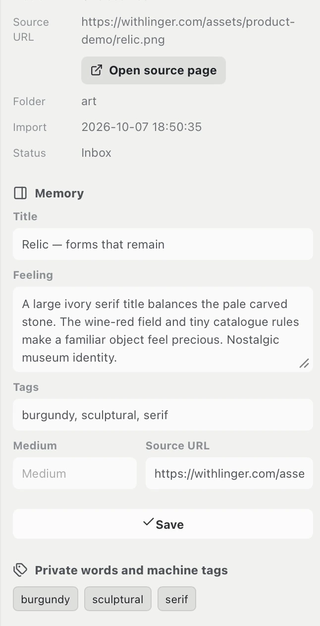 Linger Details showing the saved Relic media URL and the Memory Source URL field